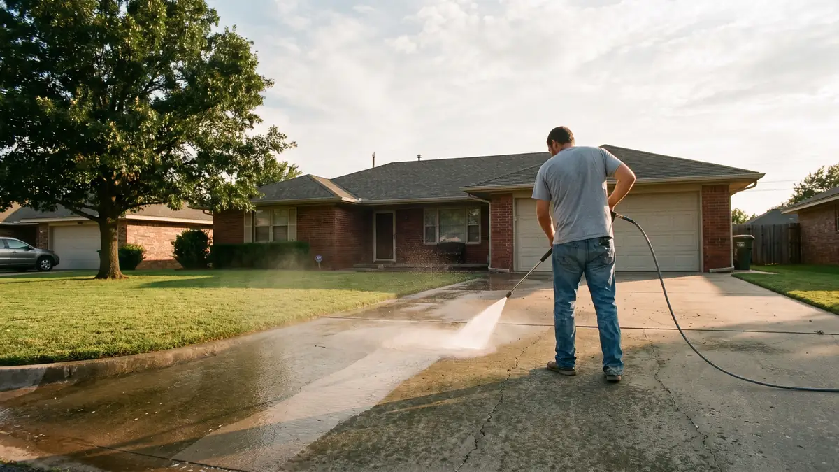 Concrete driveway being pressure washed in front of a red brick Oklahoma City home, a clean strip cut through the weathered surface